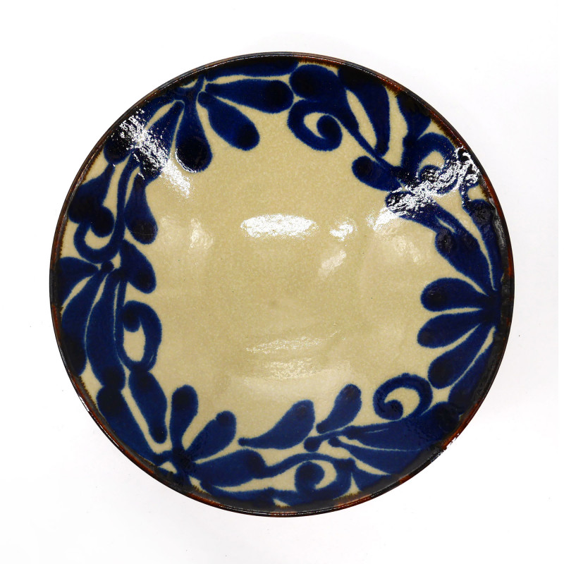 Japanese beige ceramic ramen bowl, SHITO, blue leaves pattern