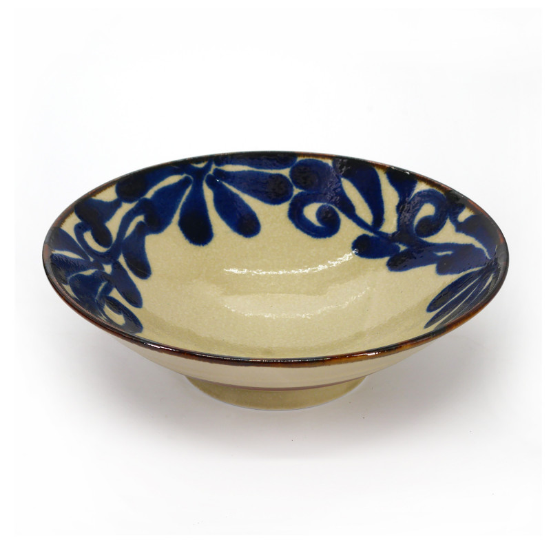 Japanische beige Ramenschale aus Keramik, SHITO, blaues Blattmuster
