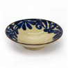 Japanese beige ceramic ramen bowl, SHITO, blue leaves pattern