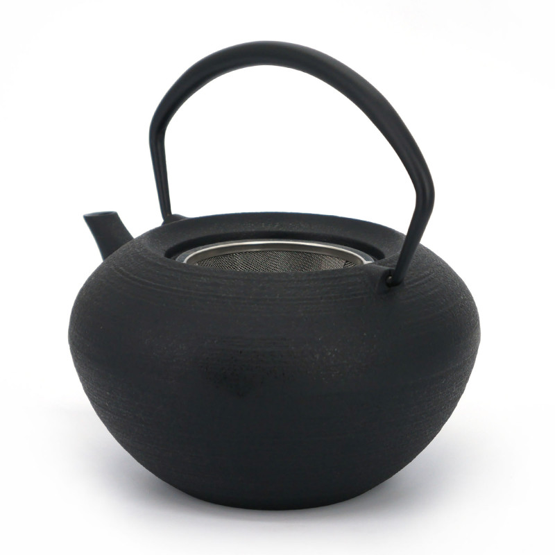 Japanese prestige cast iron round teapot with ceramic lid, CHÛSHIN KÔBÔ HIRATSUBO, Clouds