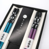 Set of 2 pairs of Japanese chopsticks and 2 chopstick holders in acrylic and resin with blue and purple cherry blossom pattern, 