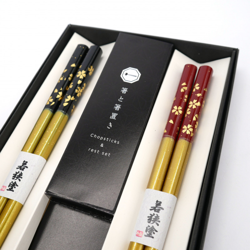 Set of 2 pairs of Japanese chopsticks and 2 chopstick holders in acrylic and resin with red and black cherry blossom pattern, SA