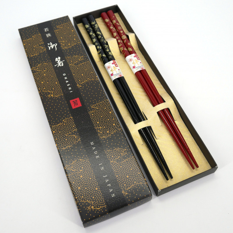 Set de 2 paires de baguettes japonaises rouge et noir,KAME ZUGAIKOTSU , 23cm