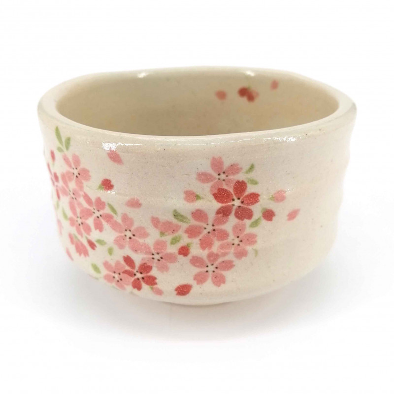 Cuenco japonés para la ceremonia del té - chawan, beige, flores rosas, SAKURA