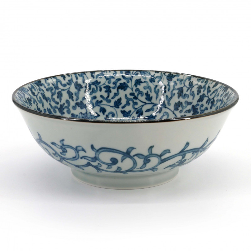 Japanese ramen bowl in white ceramic with floral motifs, SHITO