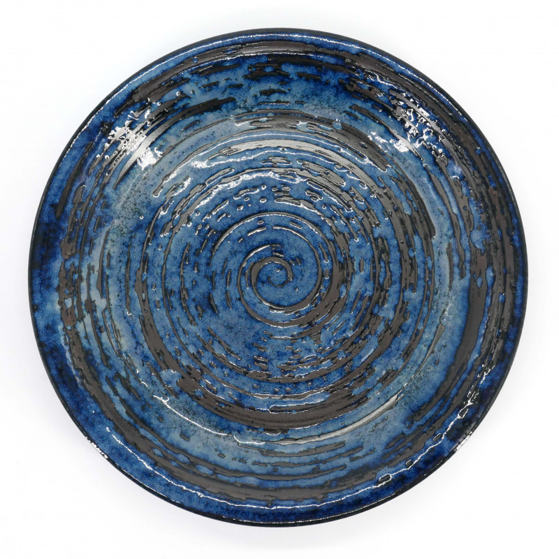 Plato redondo azul japonés con patrón de remolinos, SENPU AOI