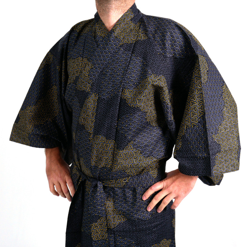 Kimono yukata japonés en algodón negro, KUMO, nubes