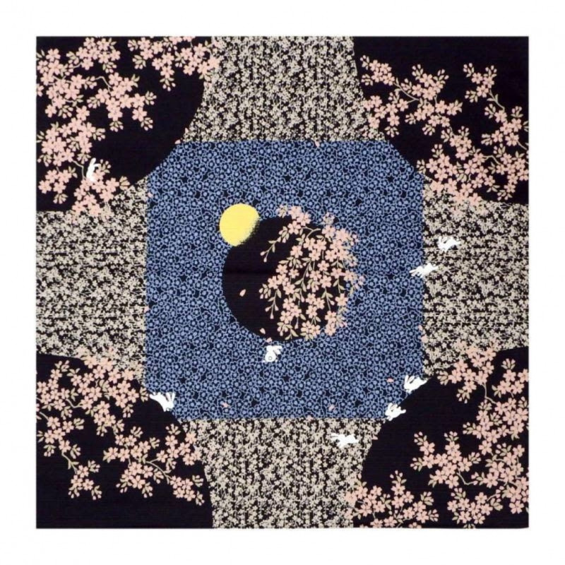Furoshiki in black Japanese cotton rabbit and flowers, USAGI, 50 x 50 cm