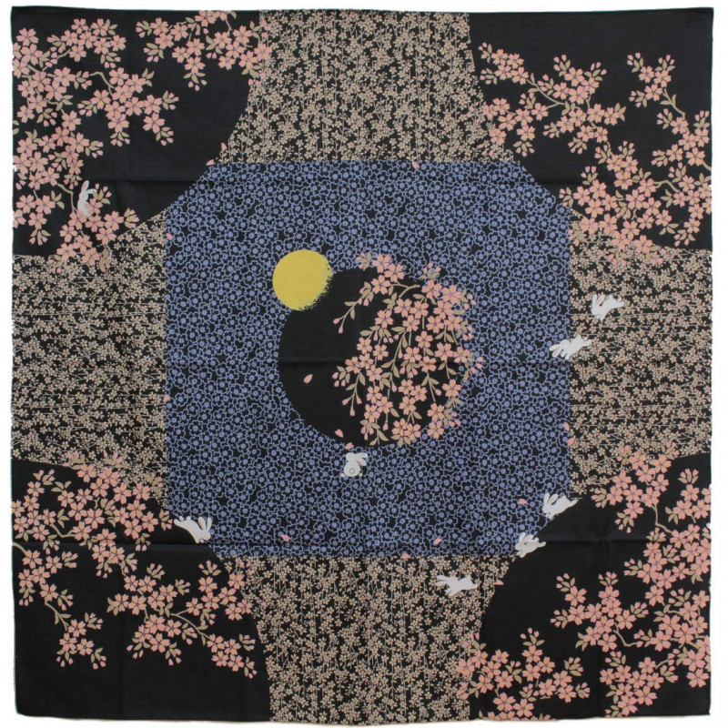 Furoshiki en coton japonais noir lapin et fleurs, USAGI, 50 x 50 cm
