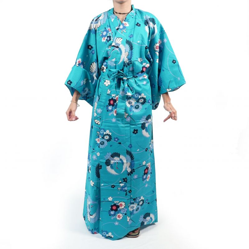 Kimono de algodón azul para mujer - MARU NI TSURU