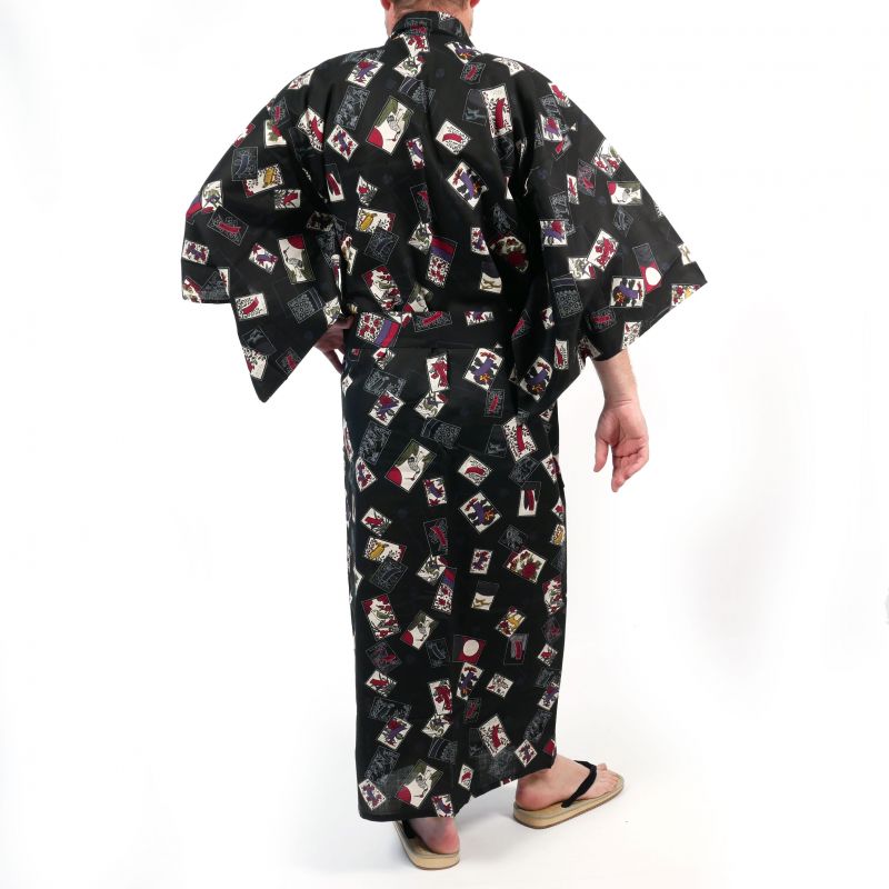 Yukata japonesa negra con patrones de tarjetas hanafuda en algodón para hombre - HANAFUDA