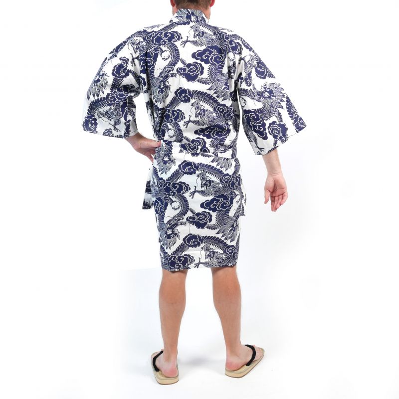 Happi Kimono giapponese in cotone con motivo drago bianco e blu per uomo - RYU NO CHIKARA