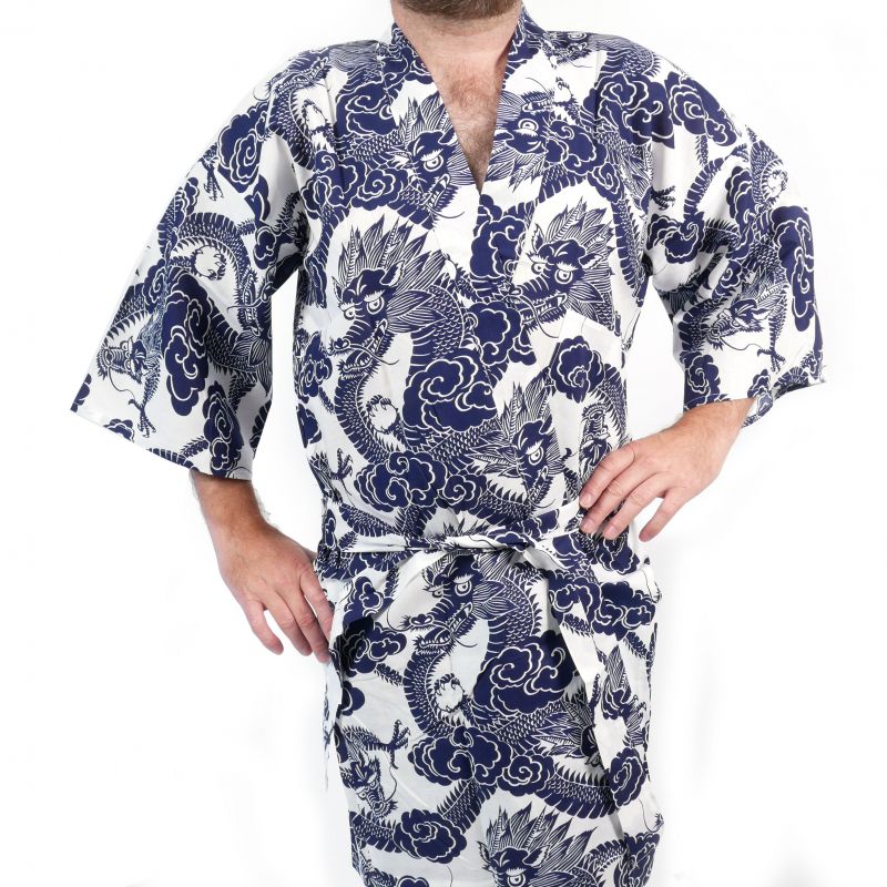 Happi kimono japonés de algodón con estampado de dragón azul y blanco para hombre - RYU NO CHIKARA