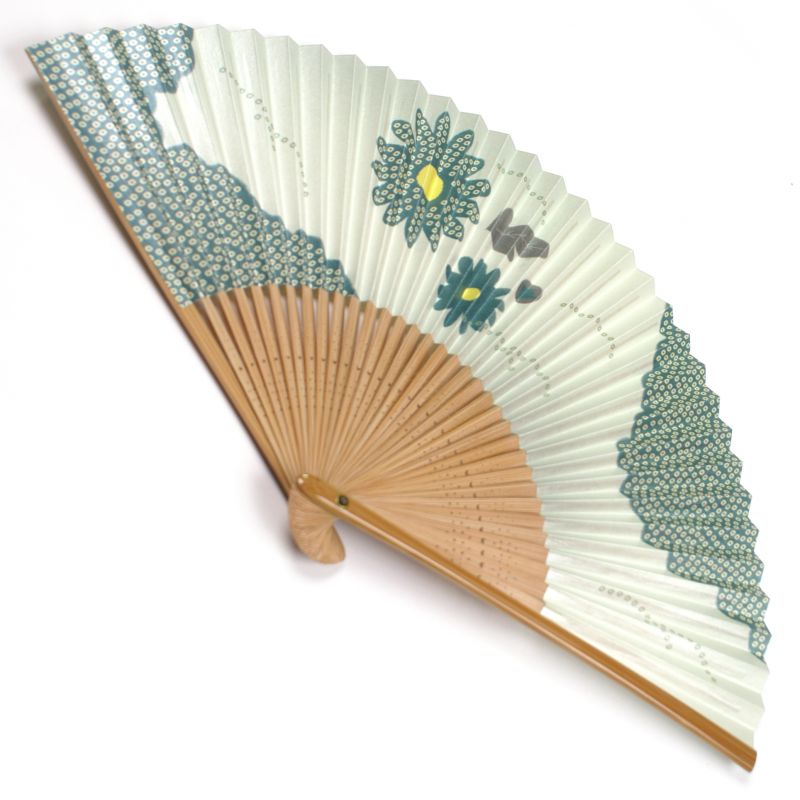 abanico japonés hecho de papel y bambú, KIKU, azul