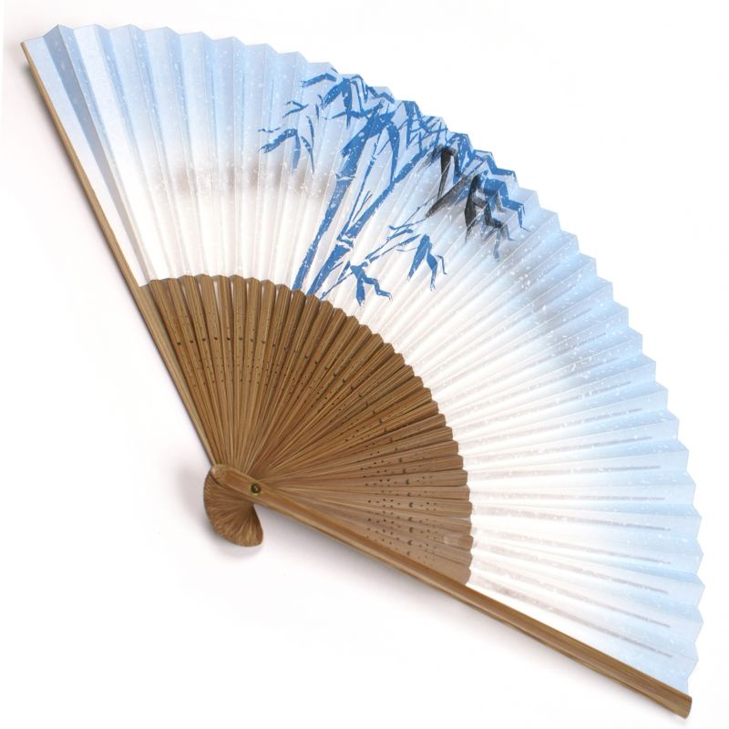 abanico japonés hecho de papel y bambú, TAKE, azul y blanco