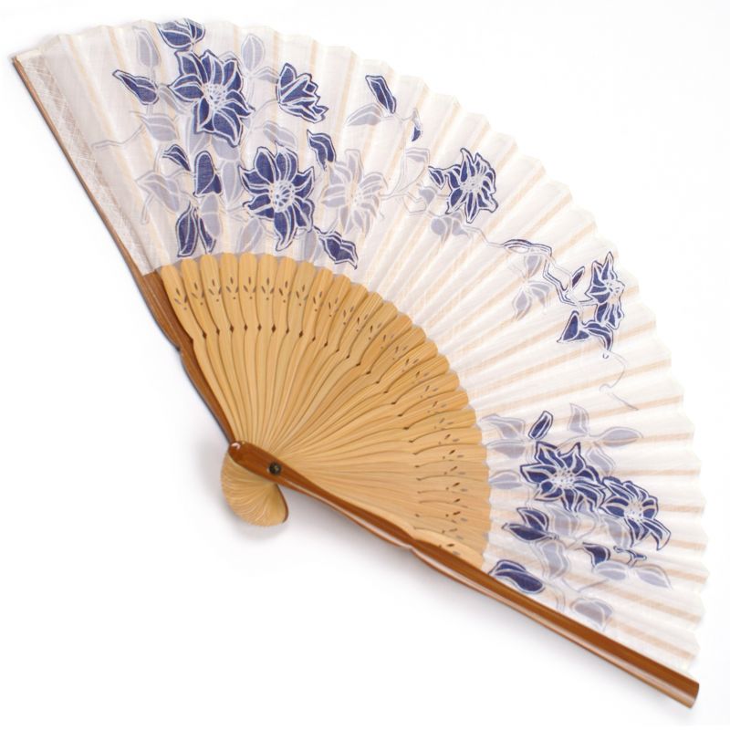 japanese fan in cotton and bamboo, TESSEN, blue