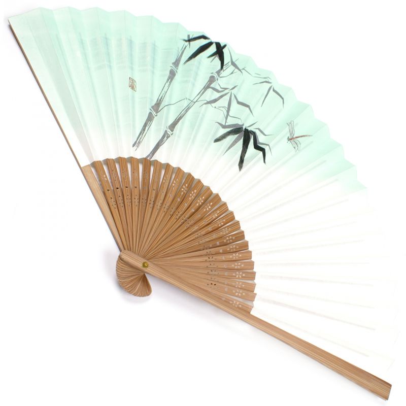 éventail japonais en papier et bambou, KAGERO, vert et blanc