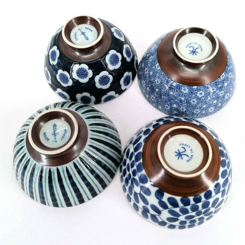 Set of 4 Japanese white ceramic rice bowls, various blue patterns - SAMAZAMANA