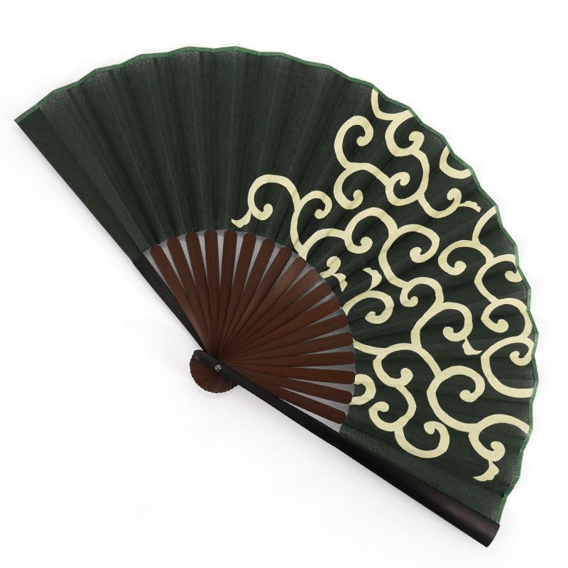 Abanico japonés de bambú y algodón verde con motivos arabescos - KARAKUSA - 22.5cm