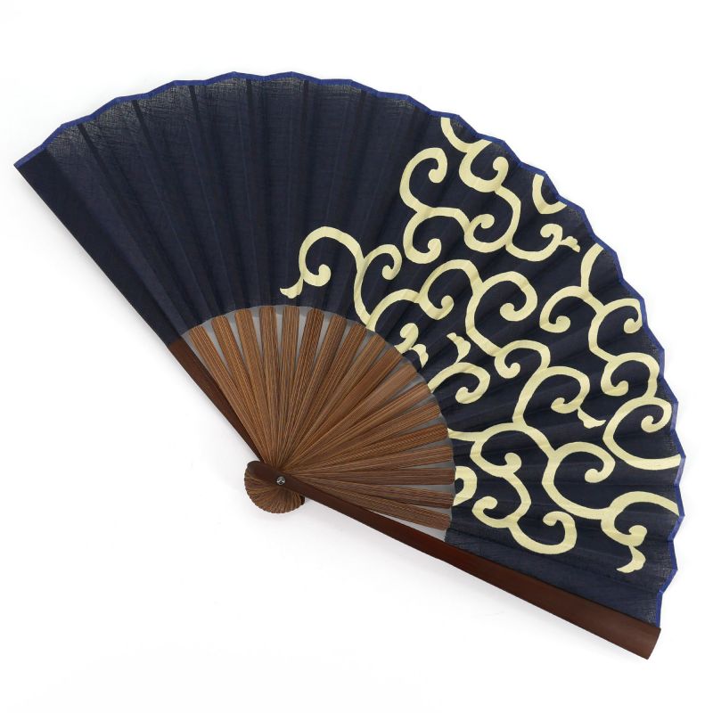 Ventaglio giapponese in cotone blu e bambù con motivo arabesco - KARAKUSA - 22,5 cm
