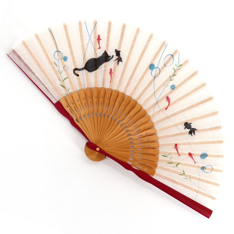 Abanico japonés rojo y beige de algodón y bambú con estampado de gatos y peces - NEKO TO KINGYO - 20,5cm