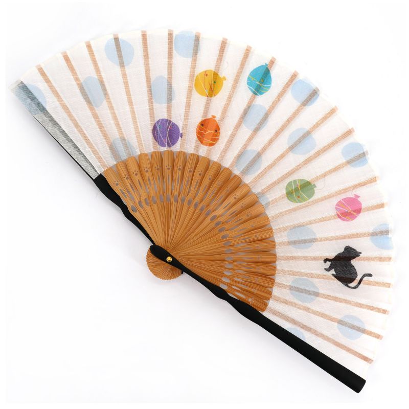 Abanico japonés negro y beige de algodón y bambú con patrón de gato y bolas - NEKO TO MIZUFUSEN - 20.5cm