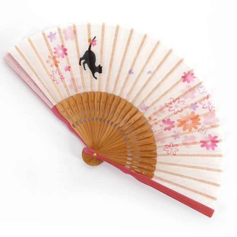 Abanico japonés negro y beige de algodón y bambú con estampado de gato y flor - NEKO TO HANA - 20.5cm