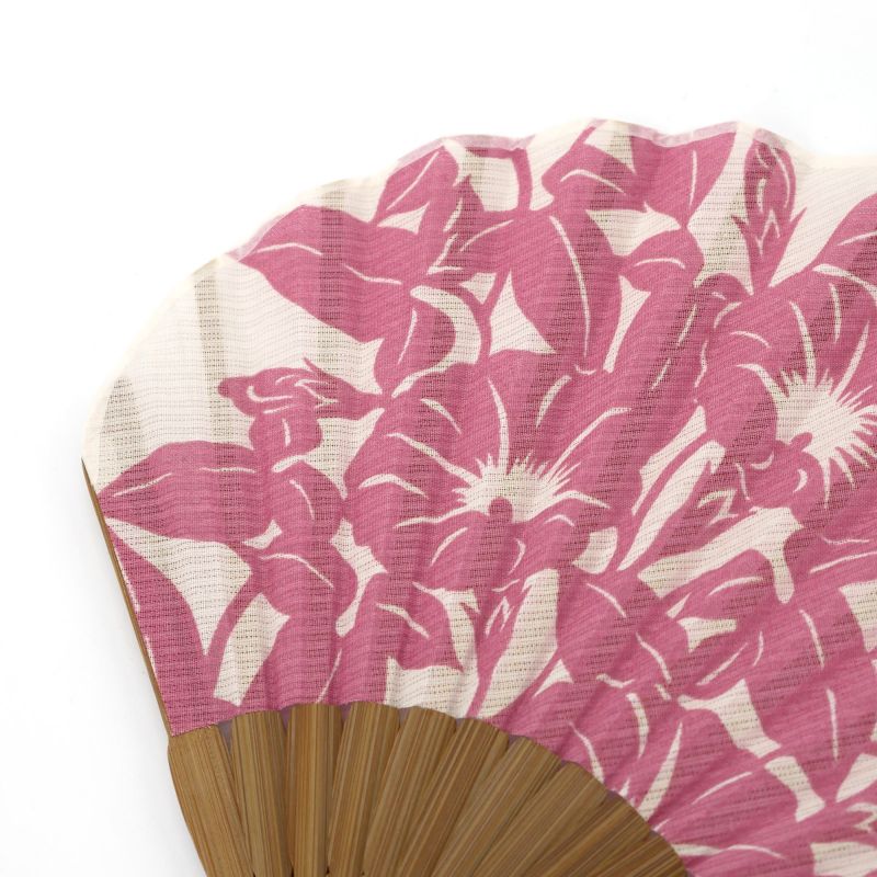 Éventail japonais rose en coton et bambou motif fleurs visages du matin - ASAGAO - 21.3cm