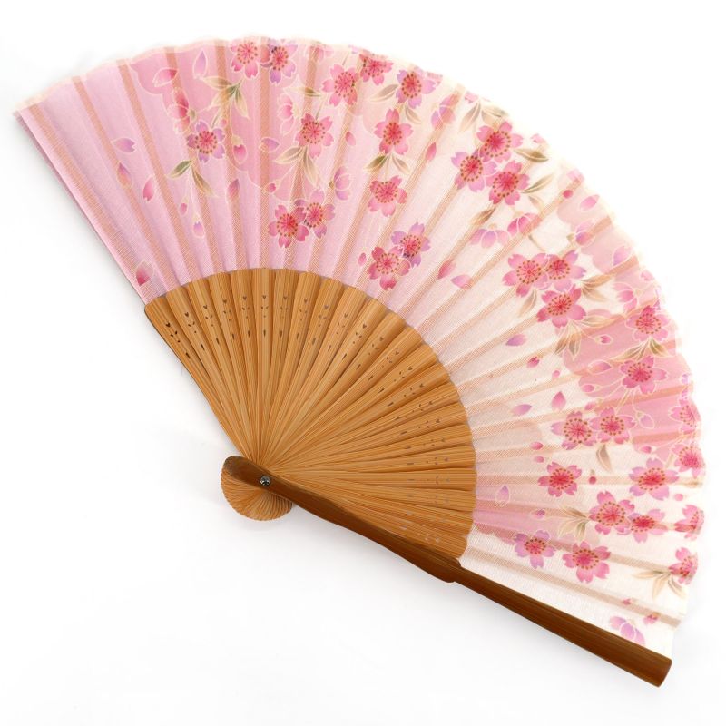 Ventaglio giapponese in cotone e bambù rosa con motivo a fiori di ciliegio - SAKURA - 20,5 cm