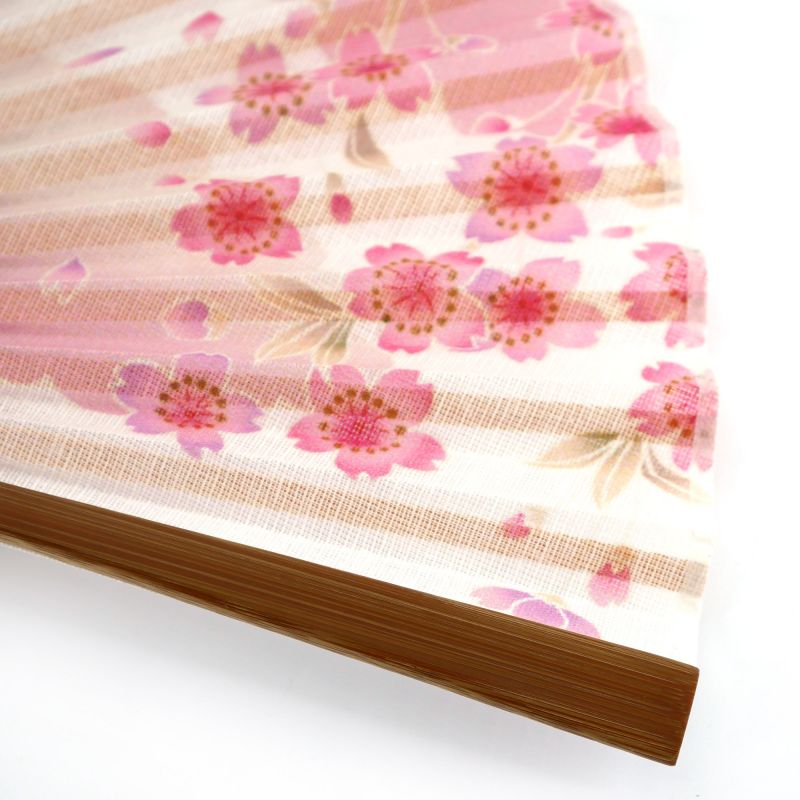 Éventail japonais rose en coton et bambou motif fleurs de cerisiers - SAKURA - 20.5cm