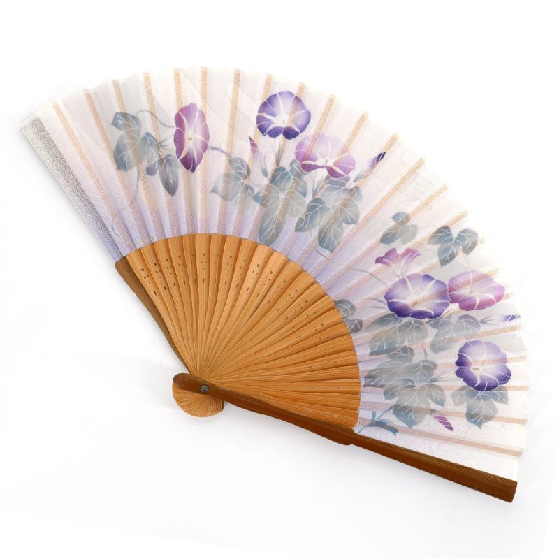 Éventail japonais violet en coton et bambou motif fleurs visages du matin - ASAGAO - 20.5cm