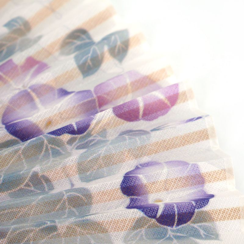 Abanico japonés de algodón y bambú violeta con estampado de flores de cara matinal - ASAGAO - 20.5cm