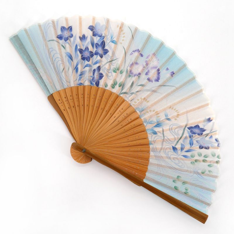 Ventaglio giapponese in cotone blu e bambù con motivo a fiori autunnali - AKIKUSA - 20,5 cm