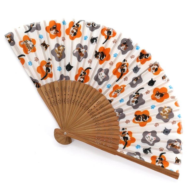 Abanico japonés naranja de poliéster y bambú con estampado de gatos - GOROGORO - 21cm