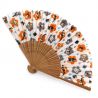 Éventail japonais orange en polyester et bambou motif chats - GOROGORO - 21cm