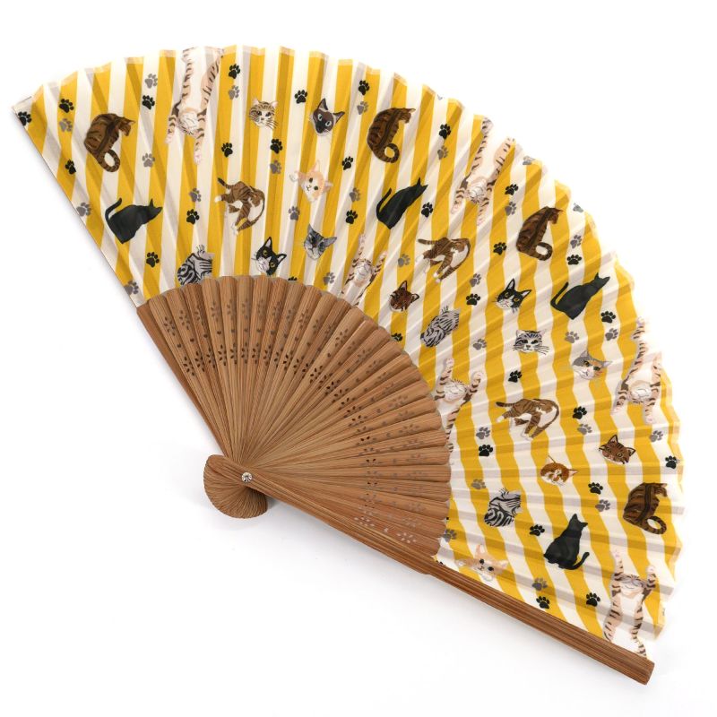 Abanico japonés amarillo de poliéster y bambú con estampado de gatos - SHIMASHIMA - 21cm