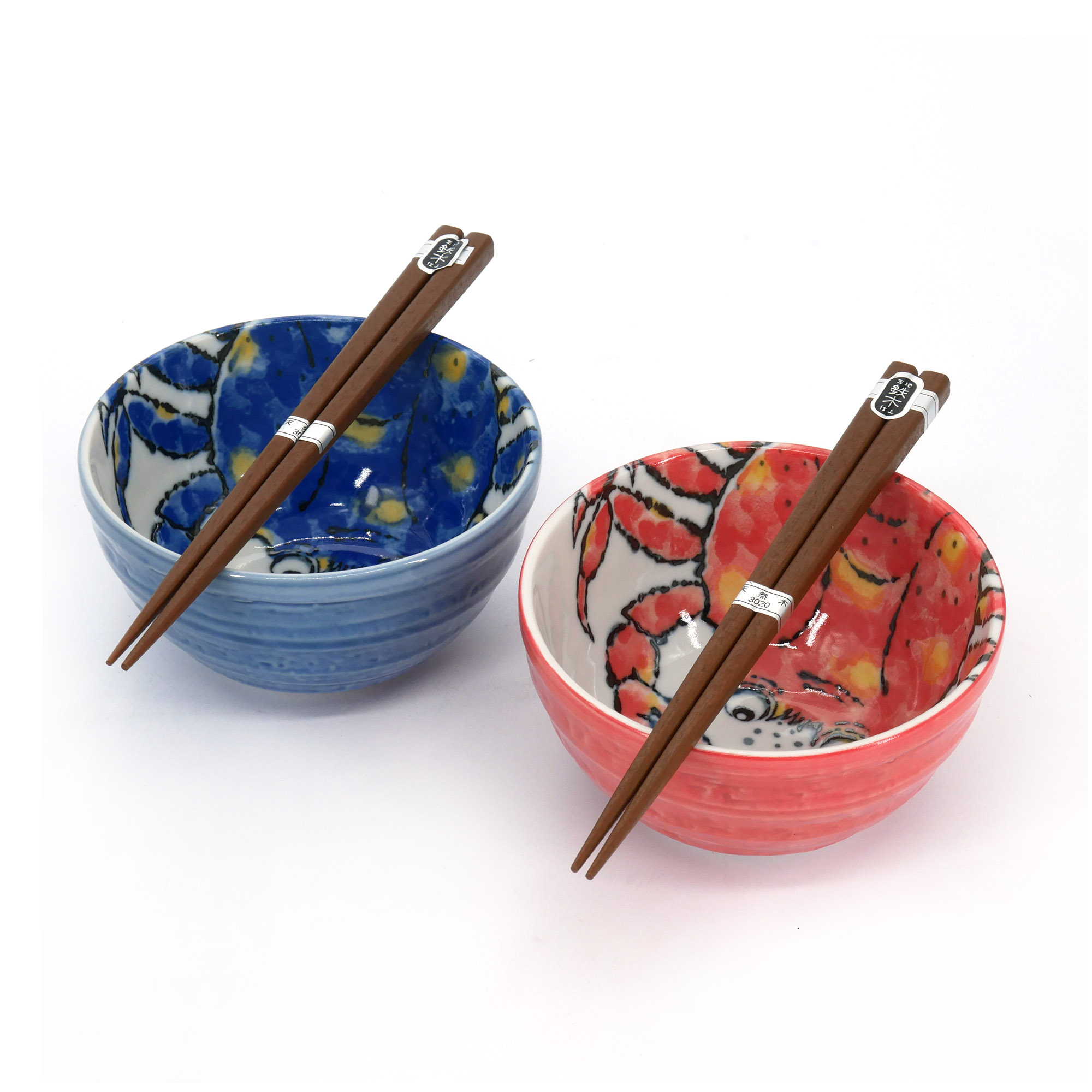 Set di 2 ciotole giapponesi in ceramica blu e rossa - granchi - KANI
