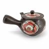 Japanese kyusu ceramic teapot with filter and enamelled interior, black, large flowers - OKINA HANA