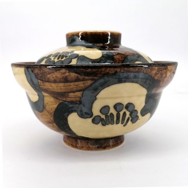 Japanese bowl with lid, brown and beige - HANA