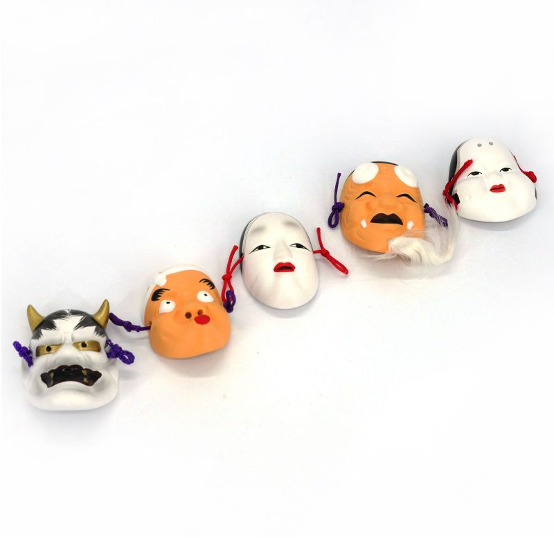 Set de 5 mini masques traditionnels japonais - ZOHONNA HYOTTOKO HANNYA OKINA OKAME - 4.9/6 cm 