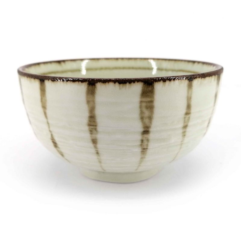 Ciotola giapponese donburi in ceramica beige a righe verticali marroni - UICHOKU-SEN