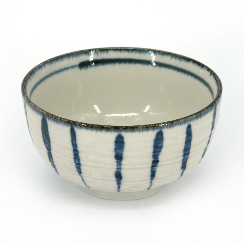 Japanische Donburi-Schale aus beigem Keramik mit blauen vertikalen Linien - SUICHOKU SEN - 12.5cm