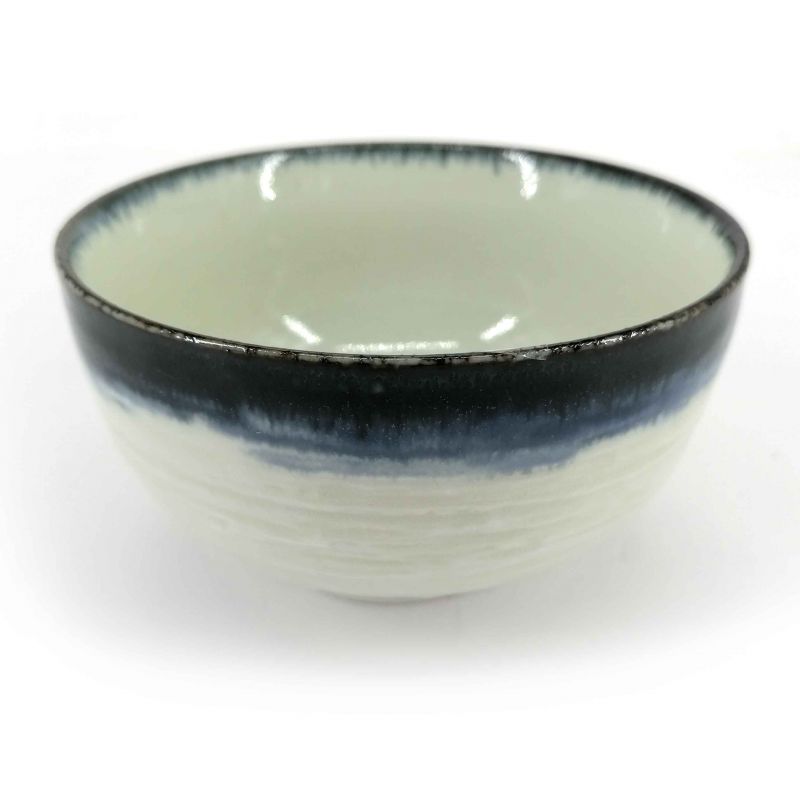 Bol donburi japonais en céramique blanc bordure bleue - KYOKAI - 12.5cm