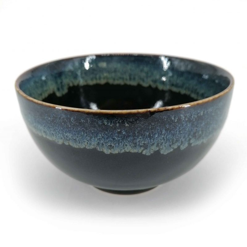 Cuenco donburi de cerámica japonesa, negro, pintura infundida verde / azul - CHUNYU