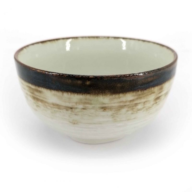 Cuenco donburi japonés de cerámica blanca con borde marrón - KYOKAI