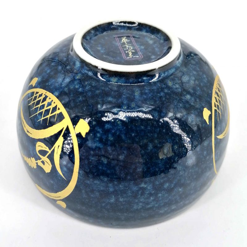 Ciotola donburi in ceramica giapponese, blu, motivo circolare dorato - KOGANE NO SHIZEN