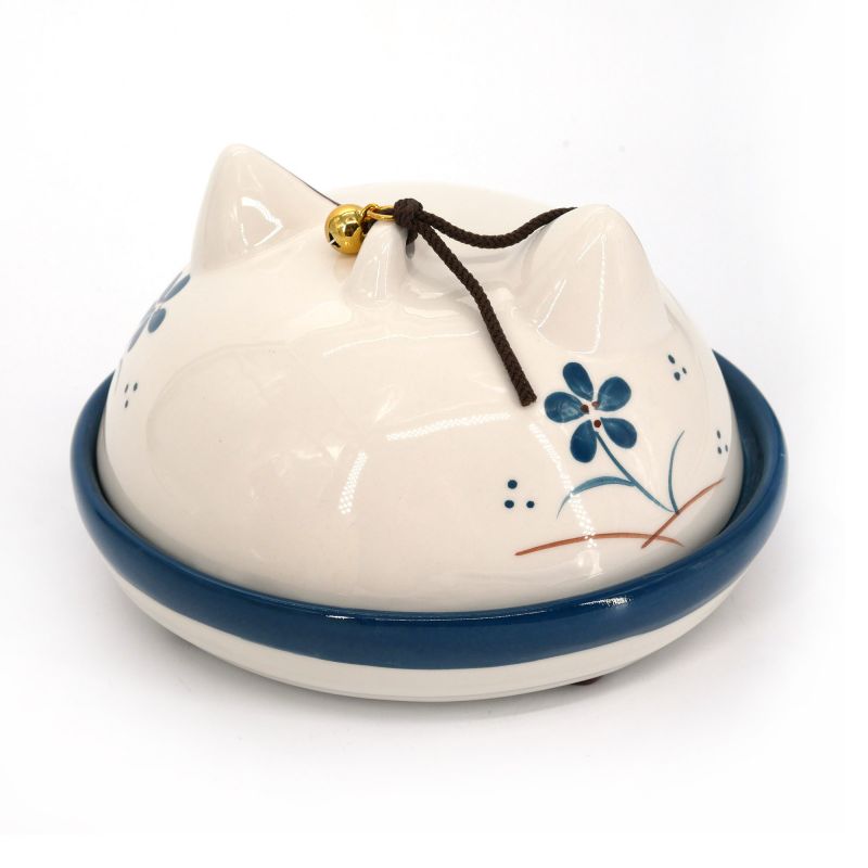 Supporto antizanzare in ceramica giapponese testa di gatto bianco e blu - NEKO - 10 cm