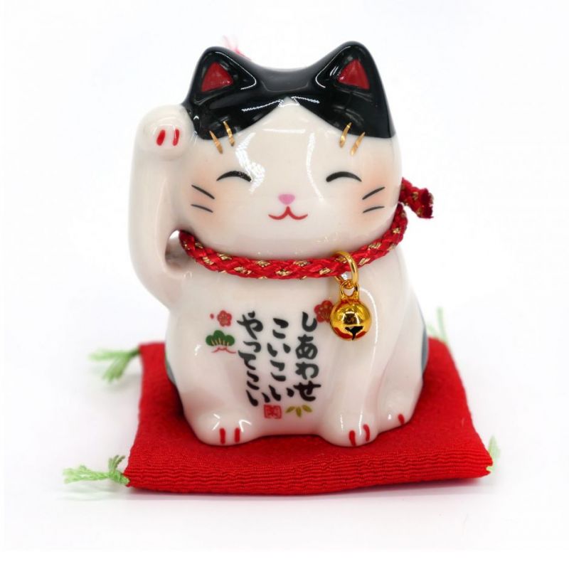 Gatto fortunato giapponese manekineko bianco e nero in ceramica, BUCHI, 6 cm