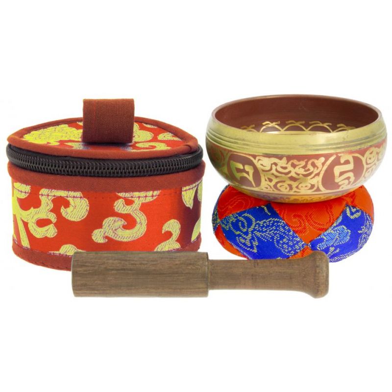 Tibetan bowl with red symbols and its handcrafted storage pouch, 7.5 cm