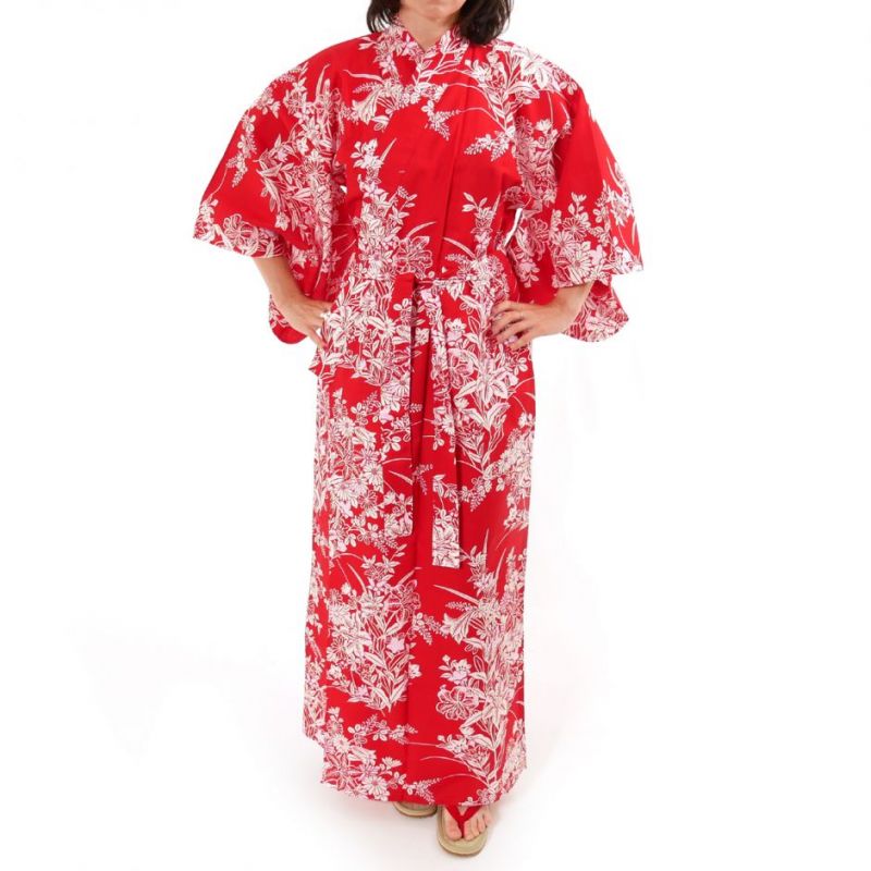 Kimono yukata traditionnel japonais rouge en coton motif fleurs de lys pour femme, YUKATA YURI